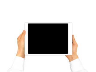 Hand holding blank tablet mock up isolated. New portable pc screen presentation. Empty display device mockup. Space touchscreen gadget hold in hands. White hd wide screen monitor holder.