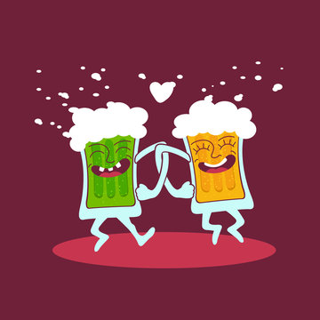 Funny cartoon couple of beer friends dancing. Vector illustration isolated.