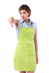 unhappy woman with apron showing thumb down hand gesture