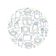Kitchenware and utensil abstract vector illustration line style