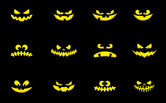 Set of design elements: halloween pumpkins scary face. Cartoon style. Vector illustration isolated on black background
