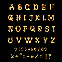 Latin alphabet. Set of letters from bones in halloween funny cartoon style isolated on black background. Vector illustration