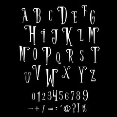 Fototapeta na wymiar Retro alphabet. Set of white letters different size in vintage halloween cartoon style isolated on black background. Vector illustration