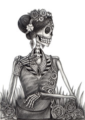 Obraz premium Skull art day of the dead.Art design women skull fashion and jewelry model action smiley face day of the dead festival hand pencil drawing on paper.