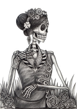  Skull art day of the dead.Art design women skull fashion and jewelry model action smiley face day of the dead festival hand pencil drawing on paper.