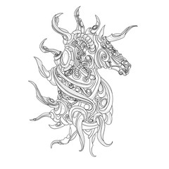 scary, mystical unicorn with lots of horns