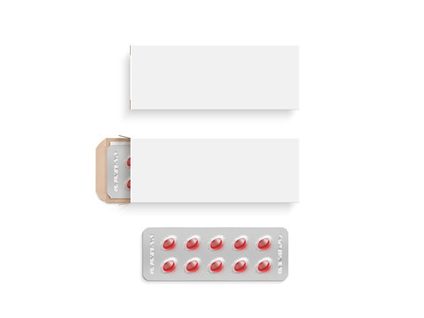 Blank white pill box design mockup set, isolated, 3d illustration. Clear blister pillbox template mock up. Open and close red tablets cardboard container. Blister pill boxing with drug colored capsule