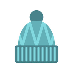 Blue knitted hat icon in flat style on a white background