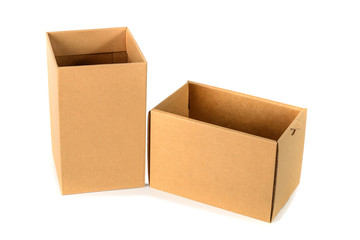 Brown cardboard box package with cover, isolated on white backgr