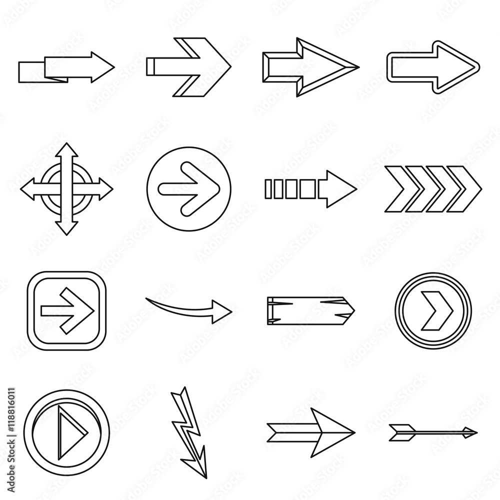 Poster arrow icons set in outline style. arrow sign set collection vector illustration