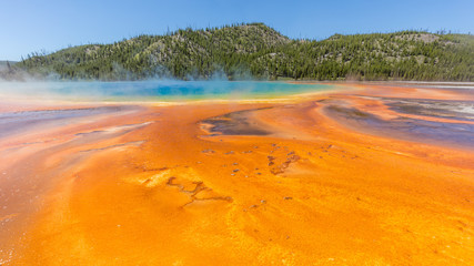 Beautiful Grand Prismatic Spring against blue sky. Amazing scenery at Midway Geyser Basin, Yellowstone National Park, Wyoming