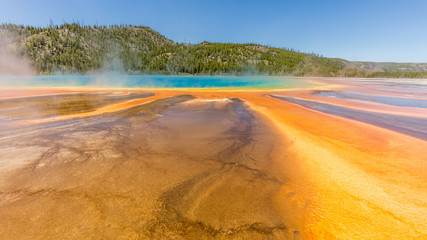 Beautiful Grand Prismatic Spring against blue sky in Midway Geyser Basin, Yellowstone National Park, Wyoming. Unusual colors of the lake.