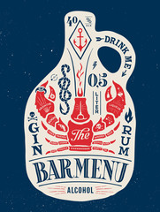 Fototapeta premium Poster bottle of alcohol with hand drawn lettering. Colorful vintage drawing for pub, bar menu, beer card, t-shirt print and alcohol themes. Bottle of bar menu with lettering. Vector Illustration