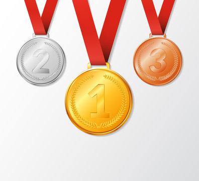 vector illustration. Set award medals with ribbons - gold, silver, bronze. The first, second, third place.