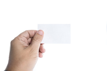 Obraz premium Hand holding Blank White name card on White background