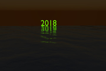 Glowing 2018 on the sea during night rendered illustration