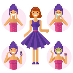 Flat vector illustration of beautiful smiling girls washing and cleaning, applying face mask, using lotion. Smiling girl showing how take care of face skin. Beauty look concept.