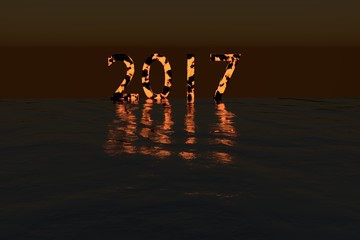 Glowing 2017 on the sea during night rendered illustration