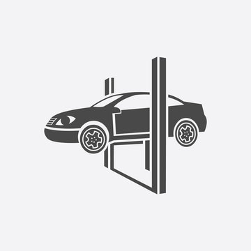 Repairing a car lifted on auto hoist icon black. Single car repair icon.