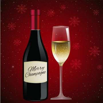 Реалистичная бутылка шампанского, рождественское шампанское и бокал шампанского 