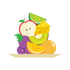 Fresh Fruits And Cheese In Plate Vector Illustration