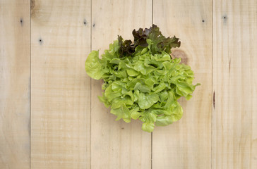 Fresh green salad in the round bowl on wooden background