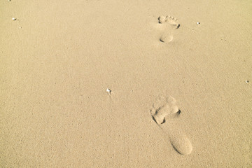 Fototapeta na wymiar Footprints in wet sand of beach backgorund