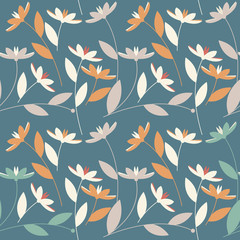 Cute seamless pattern with colorful flowers and leaves