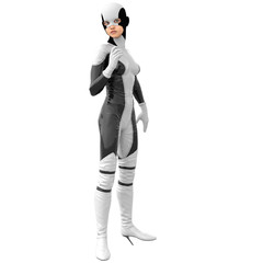 one slim girl in black and white superhero super suit. She stands half turned sideways to the camera. Her right hand in a pose of greeting