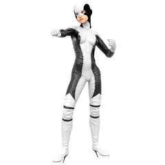 one slim girl in black and white superhero super suit. Standing half-sideways. Right hand in the position of impact