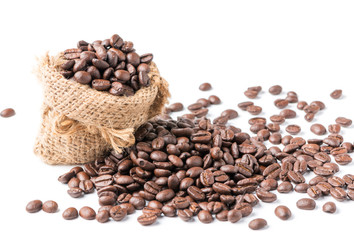 coffee beans in sack , isolated on white