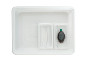 Plastic food container / Plastic food container on white background. Top view.