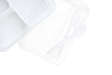 Plastic food container / Plastic food container on white background. Top view.