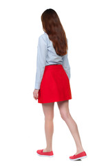 back view of walking  woman. beautiful blonde girl in motion.  backside view of person.  Rear view people collection. Isolated over white background. Long-haired brunette in red skirt moves slowly.