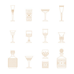 Flat style crystal glass vector icon set. Thin lines web icons set. Champagne, wine, cogniac, coctail, ale, vodka, irish cream, liquor, whiskey, bourbon, brandy, calvados.