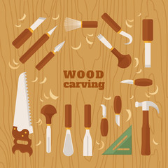 Instrument for carving. The chisels set on wood texture. Flat vector illustration - obrazy, fototapety, plakaty