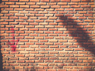 Brick wall background textured with shadow of the lamp post.