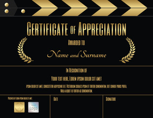 Fototapeta na wymiar Certificate of appreciation template in black and gold with movie and film theme