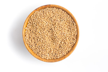 Mustard seeds into a bowl in white background