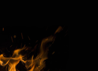 Photo of hot sparking live-coals burning, spark of bonfire.
