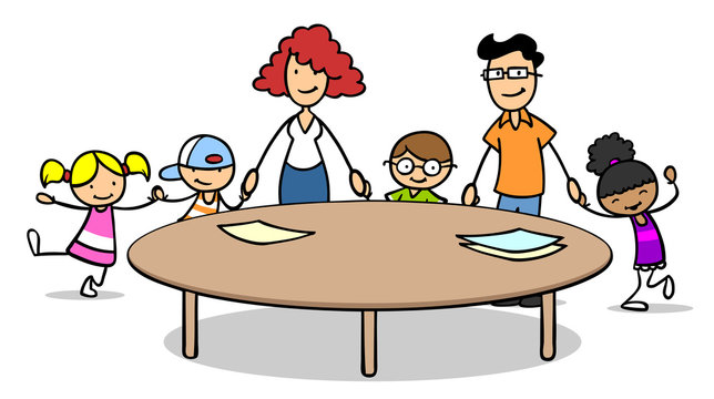 Adoptivfamilie und Kinder am runden Tisch