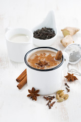 Masala tea and ingredients on white table