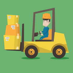 Warehouse worker moving load by forklift truck.