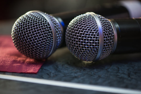 Closeup of audio microphones