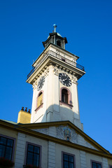 Fototapeta na wymiar Town Hall ( Ratusz miejski ), Cieszyn, Silesia, Poland, Central Europe - baroque bell tower and classicist gable