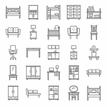 Furniture, icons, monochrome, outline. Vector contour icons for furniture. Gray image on a white background. 