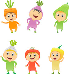 illustration of children wearing costumes vegetables