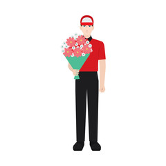 Delivery boy/ man vector illustration. Delivery courier holding flowers, character isolated on white background. Front view.