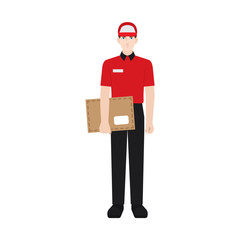 Delivery boy/ man vector illustration. Delivery courier holding an envelope of letter, character isolated on white background. Front view.