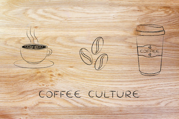 cup with latte art, coffe beans & tumbler icons